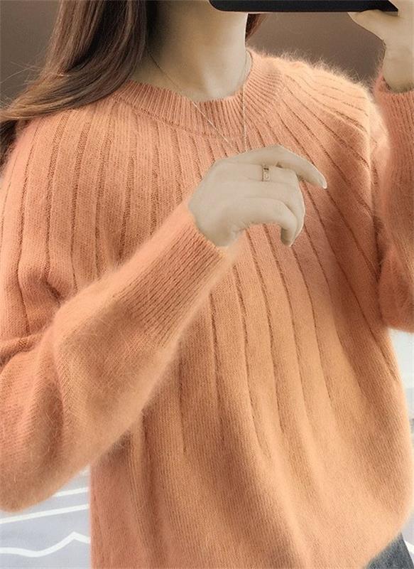 Long Sleeve Relaxed Fit Ribbed Knit Crew Neck Sweater for Women