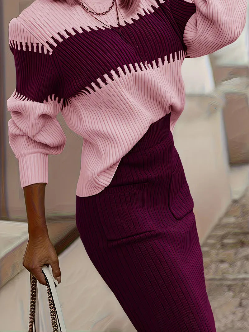 Falda Midi de Cintura Alta y Suéter Oversized de Punto Acanalado para Mujer