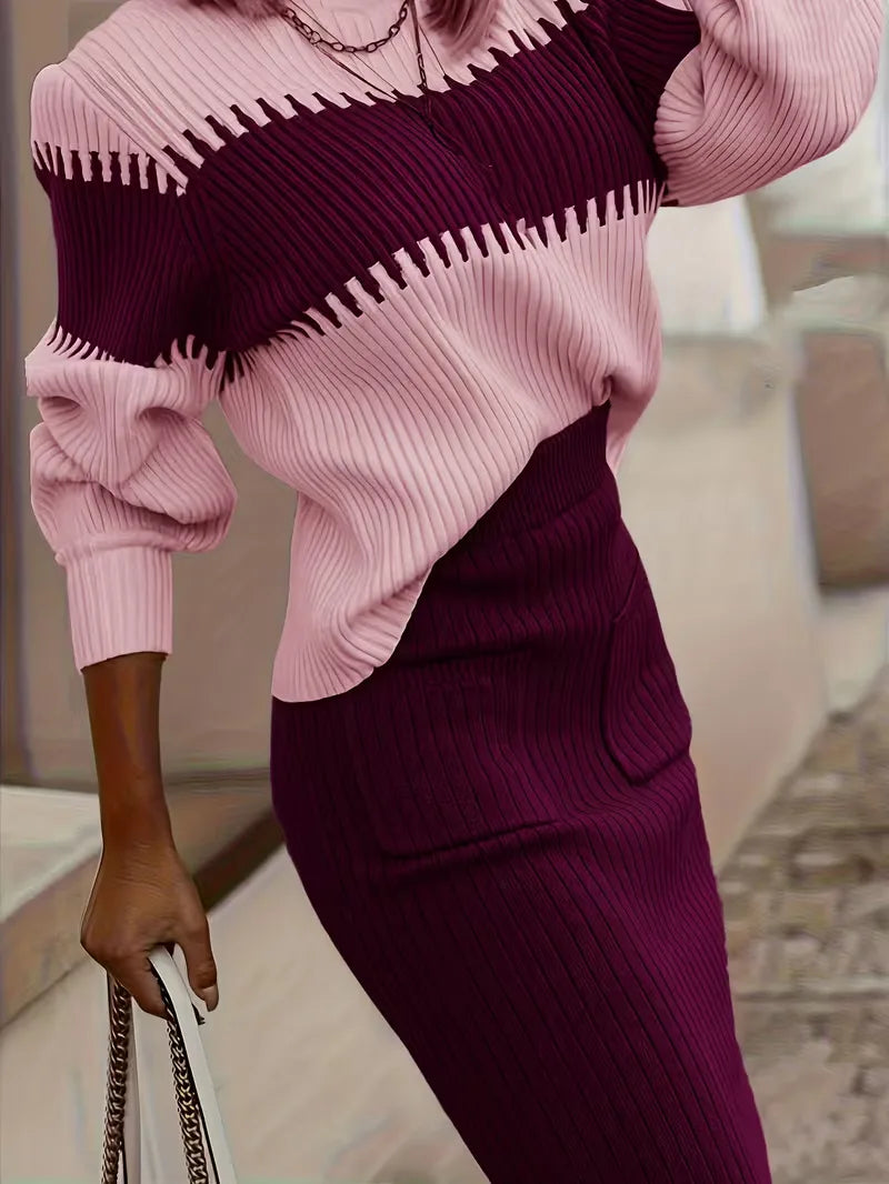 Falda Midi de Cintura Alta y Suéter Oversized de Punto Acanalado para Mujer