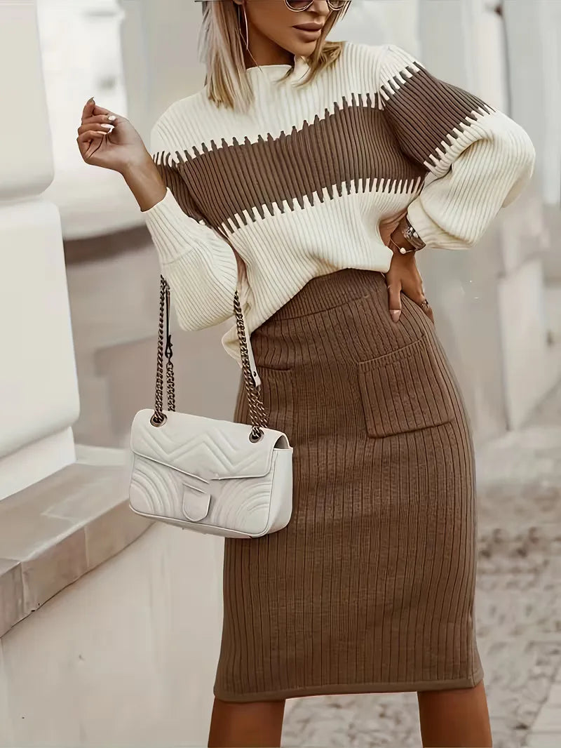 Falda Midi de Cintura Alta y Suéter Oversized de Punto Acanalado para Mujer