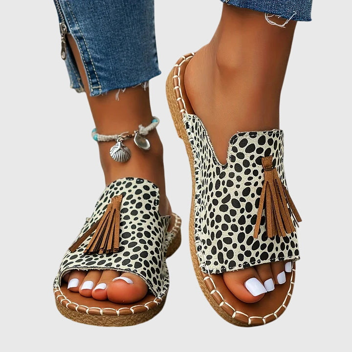 Sandalias casuales con tacón bajo y flecos para mujer