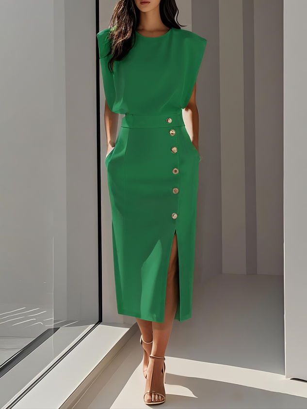 Vestido Midi con Cuello Redondo y Botones para Mujer | Ideal para el Verano
