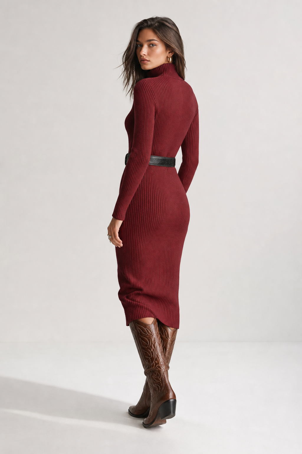 Bodycon Ribbed Knit Midi Dress with Belt for Women