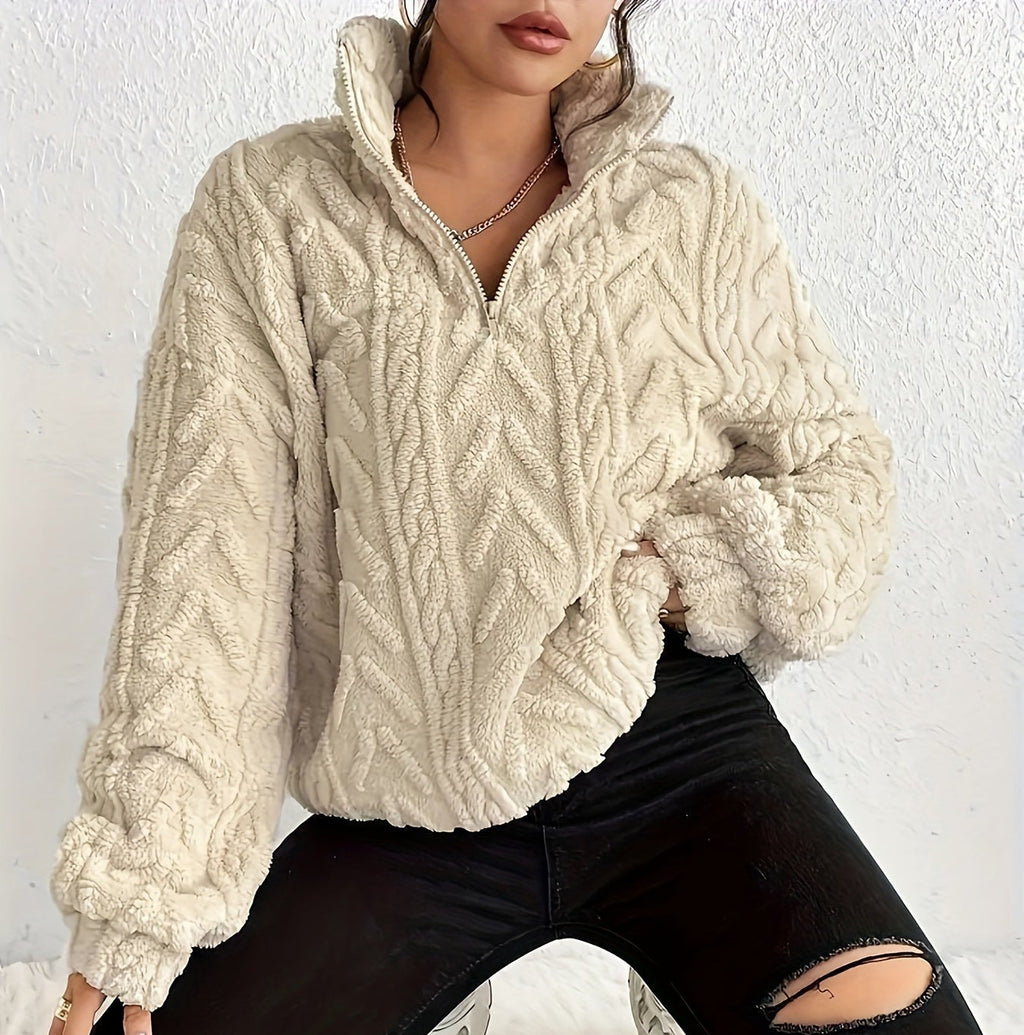 Oversized Quarter Zip Fleece Sweater with Mock Neck for Women