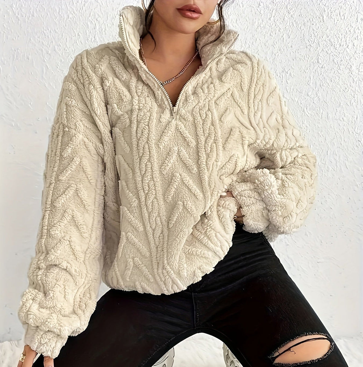 Oversized Quarter Zip Fleece Sweater with Mock Neck for Women