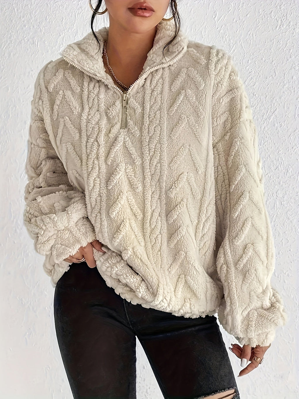Oversized Quarter Zip Fleece Sweater with Mock Neck for Women