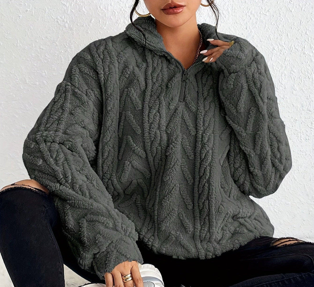 Oversized Quarter Zip Fleece Sweater with Mock Neck for Women