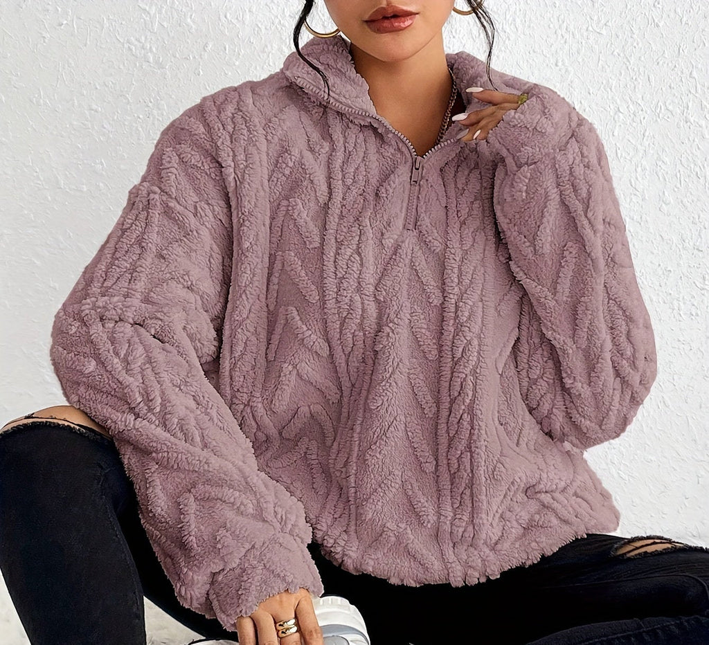 Oversized Quarter Zip Fleece Sweater with Mock Neck for Women