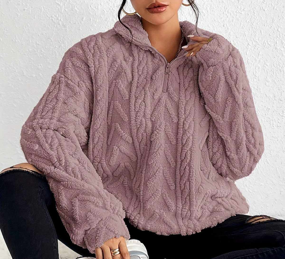 Oversized Quarter Zip Fleece Sweater with Mock Neck for Women