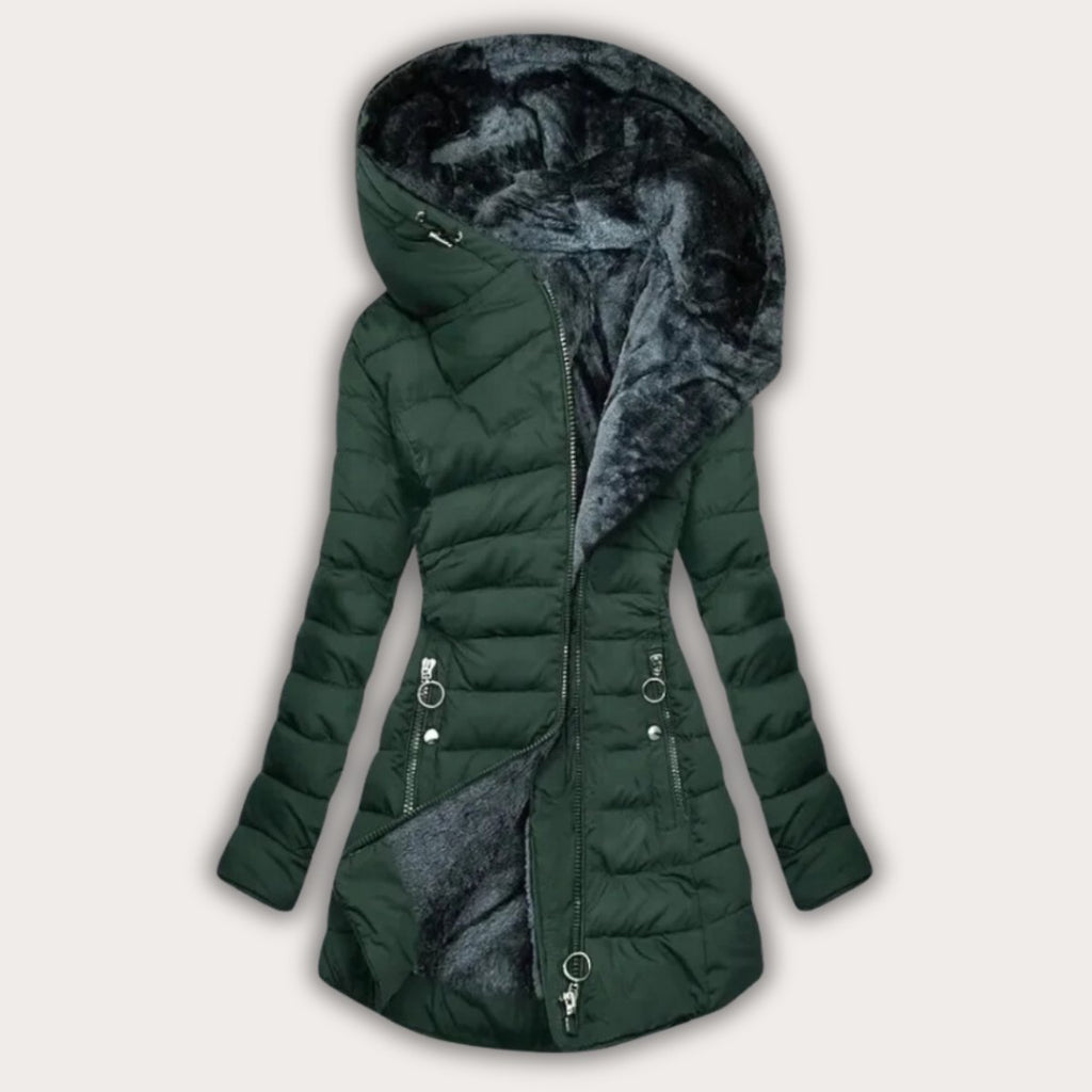 Abrigo Puffer Largo con Capucha Forrada en Piel Sintética para Mujer