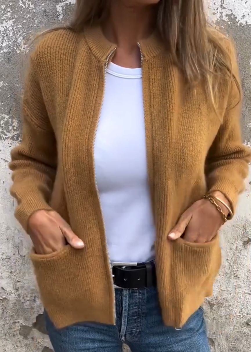 Cardigan de Punto Acanalado Largo con Cierre y Bolsillos para Mujer