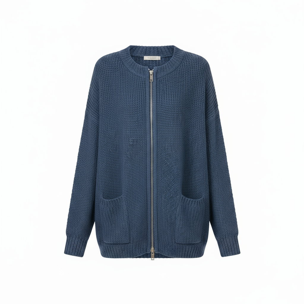 Cardigan de Punto Acanalado Largo con Cierre y Bolsillos para Mujer