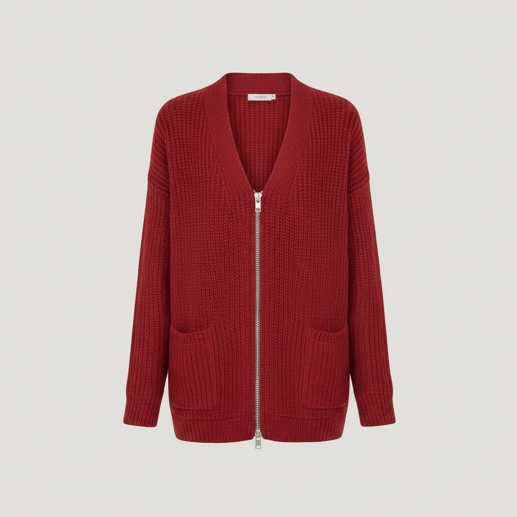 Cardigan de Punto Acanalado Largo con Cierre y Bolsillos para Mujer