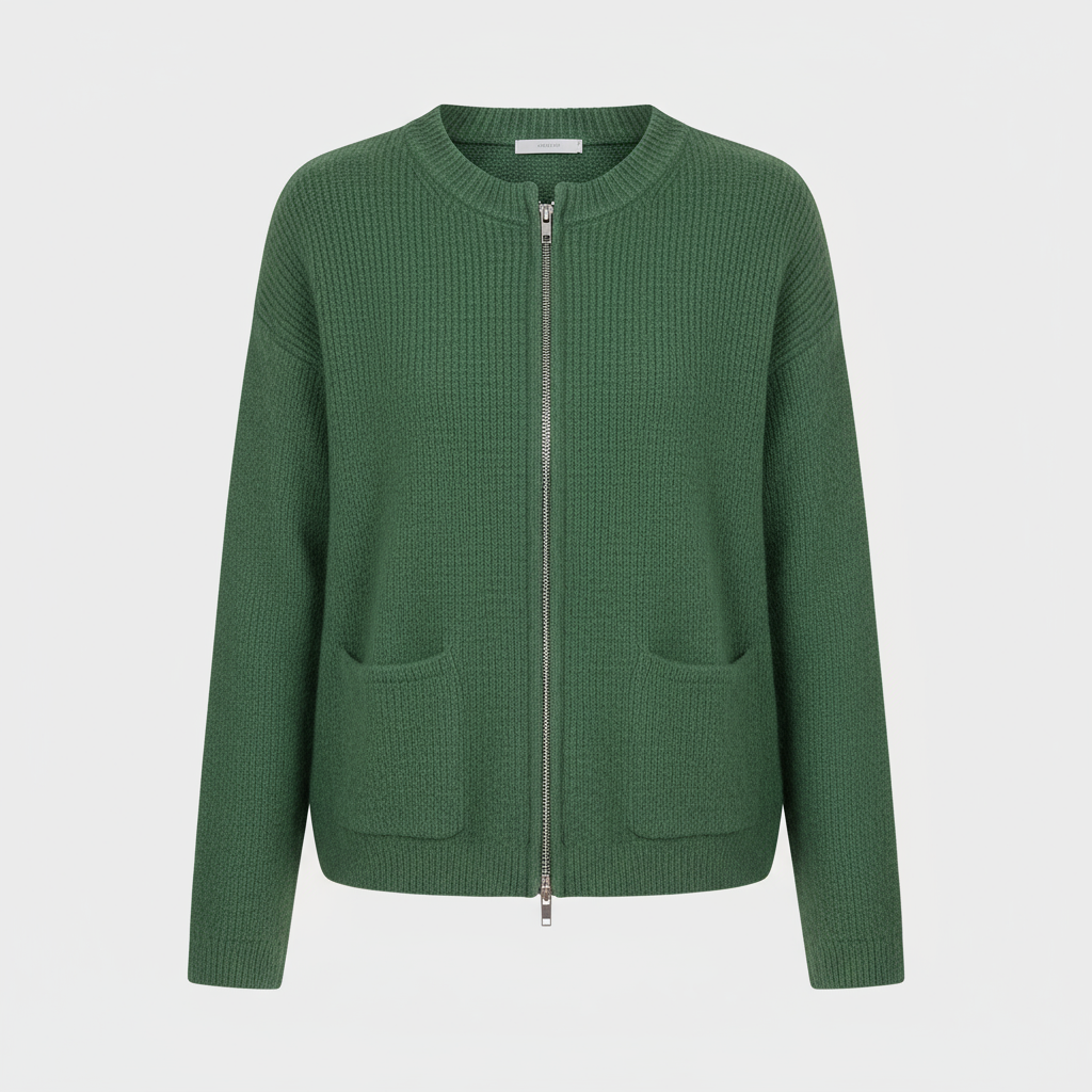 Cardigan de Punto Acanalado Largo con Cierre y Bolsillos para Mujer