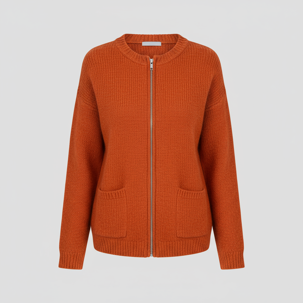 Cardigan de Punto Acanalado Largo con Cierre y Bolsillos para Mujer