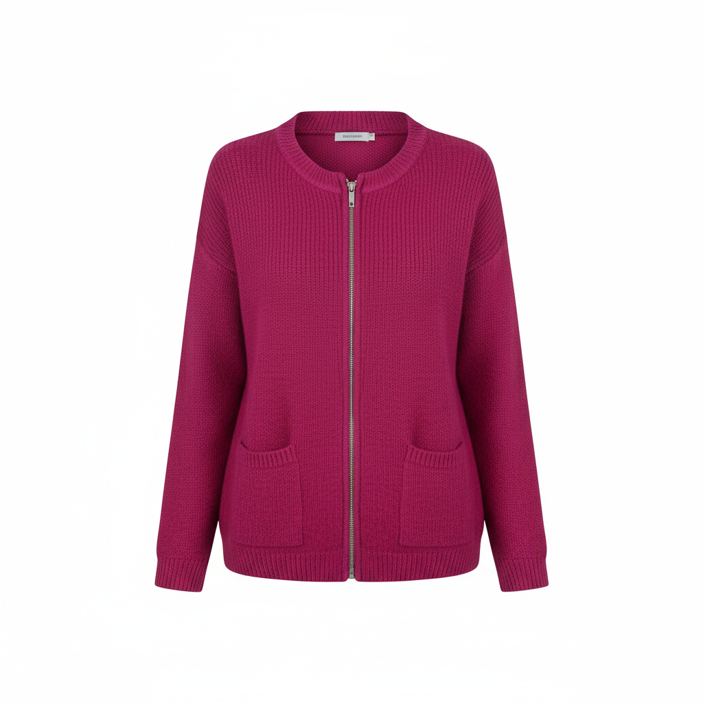 Cardigan de Punto Acanalado Largo con Cierre y Bolsillos para Mujer