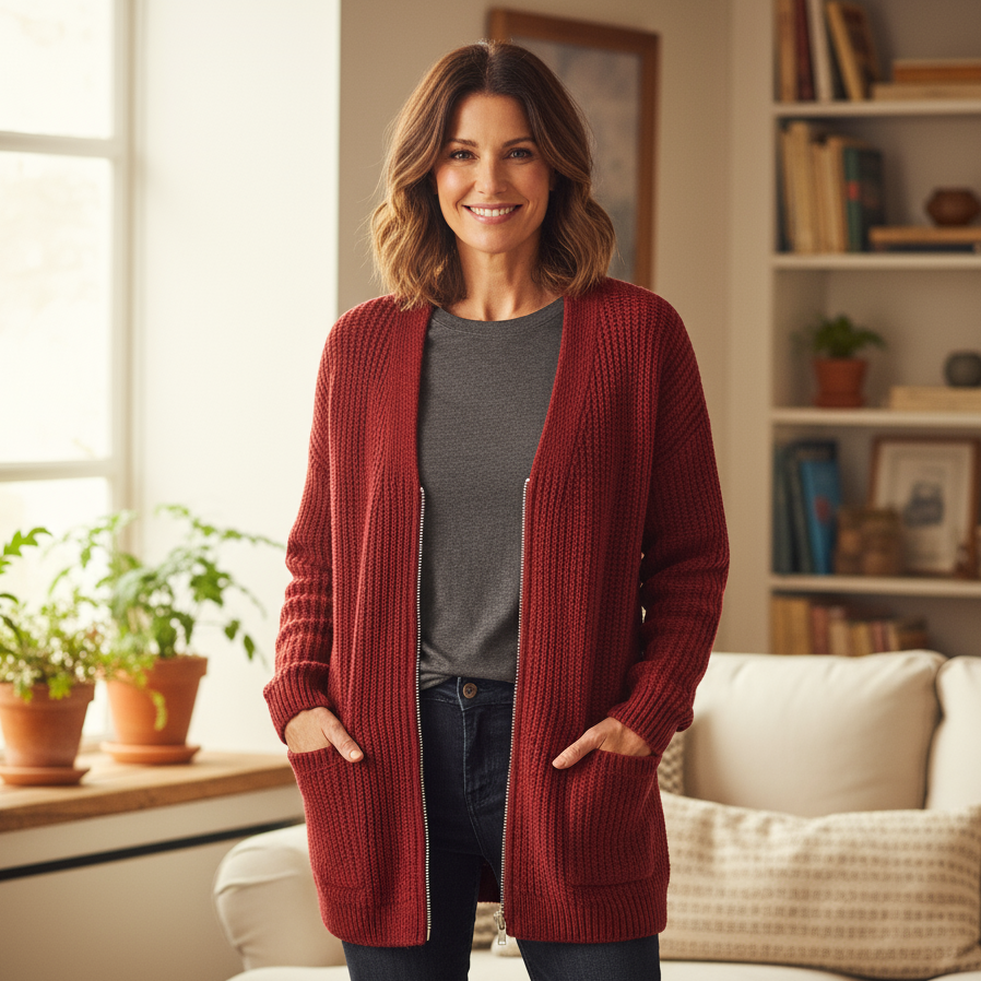 Cardigan de Punto Acanalado Largo con Cierre y Bolsillos para Mujer