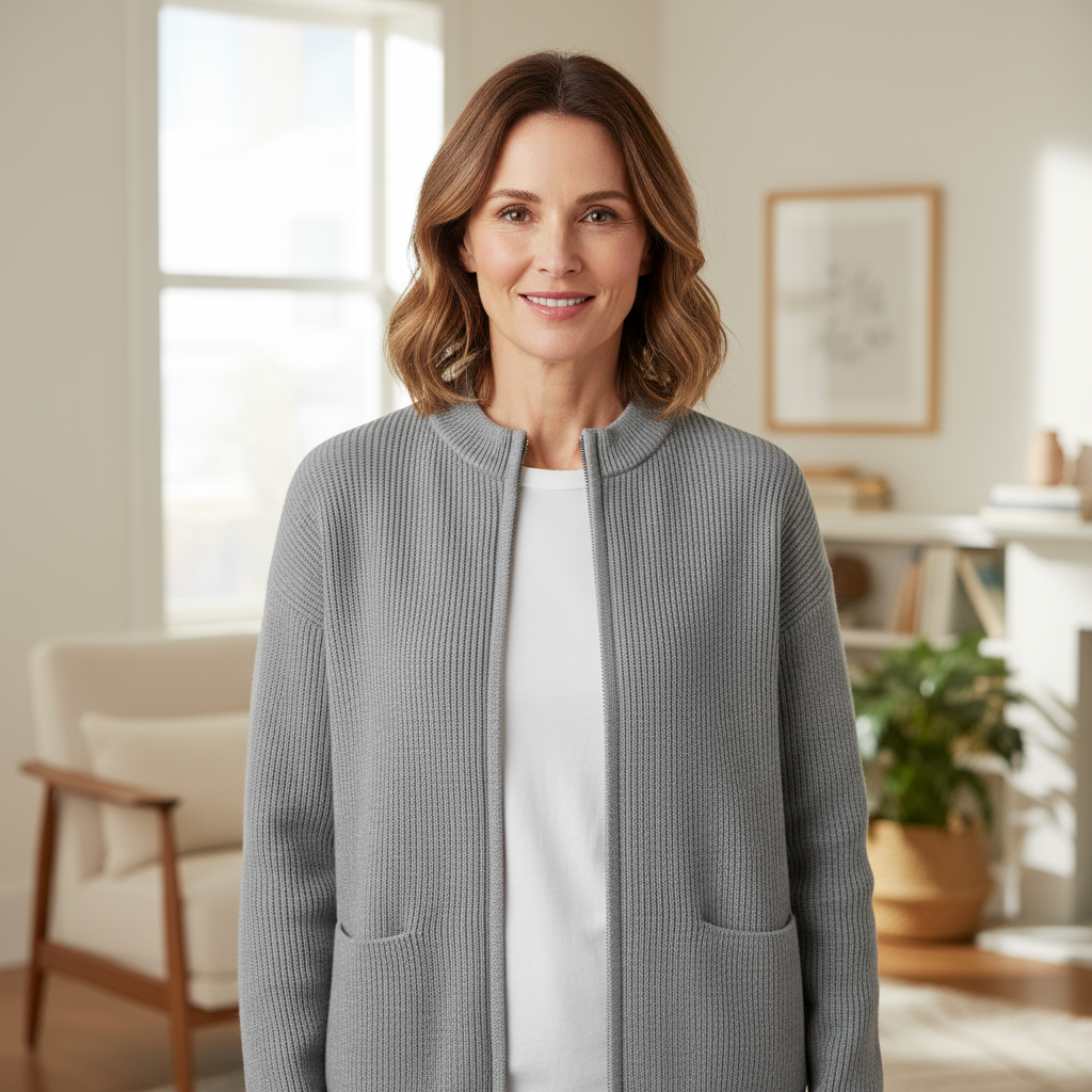 Cardigan de Punto Acanalado Largo con Cierre y Bolsillos para Mujer