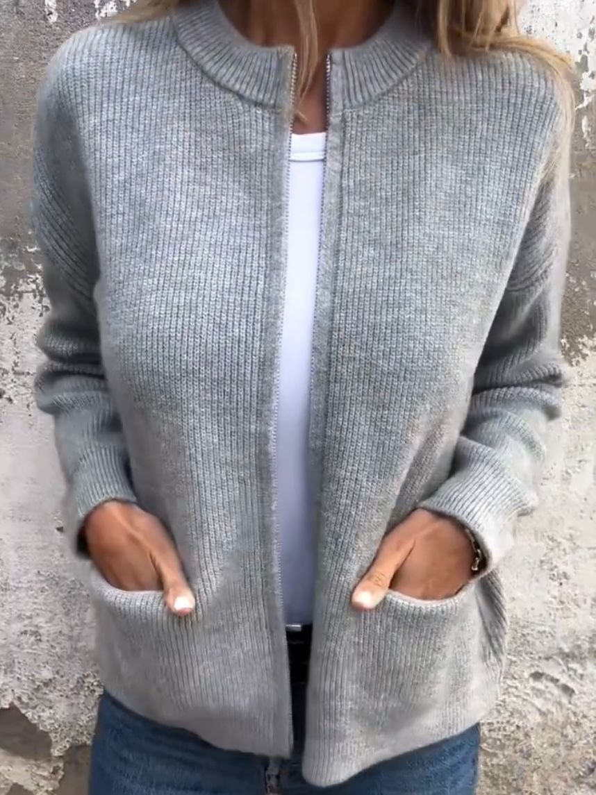 Cardigan de Punto Acanalado Largo con Cierre y Bolsillos para Mujer
