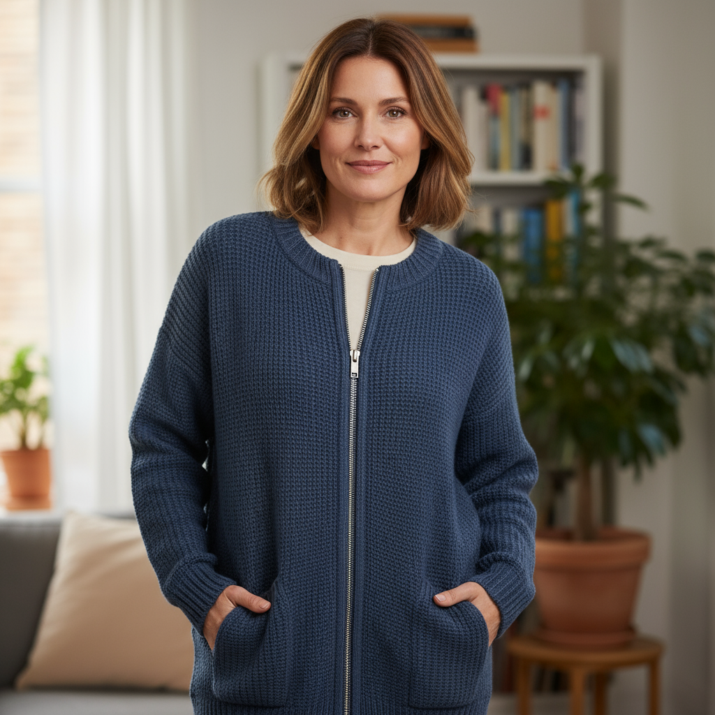Cardigan de Punto Acanalado Largo con Cierre y Bolsillos para Mujer
