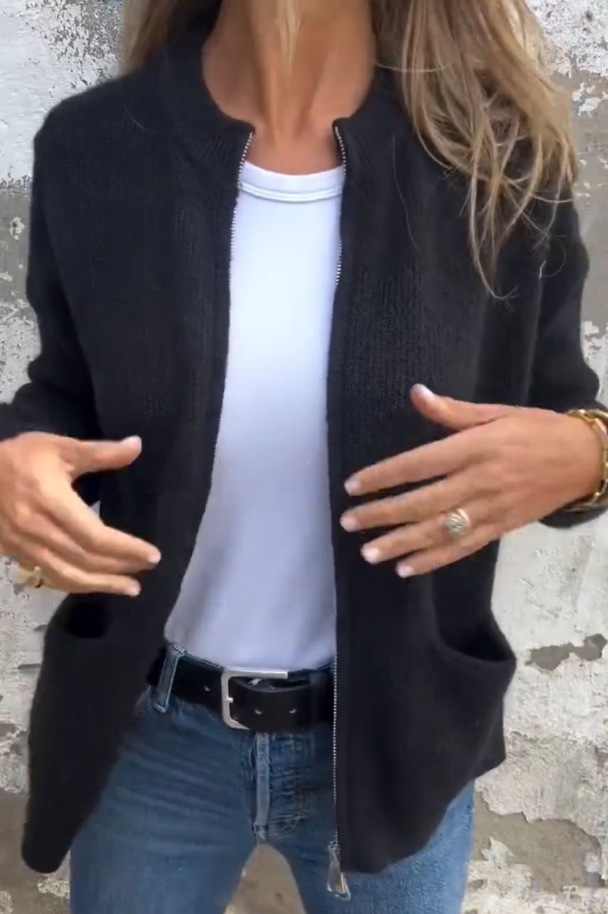 Cardigan de Punto Acanalado Largo con Cierre y Bolsillos para Mujer