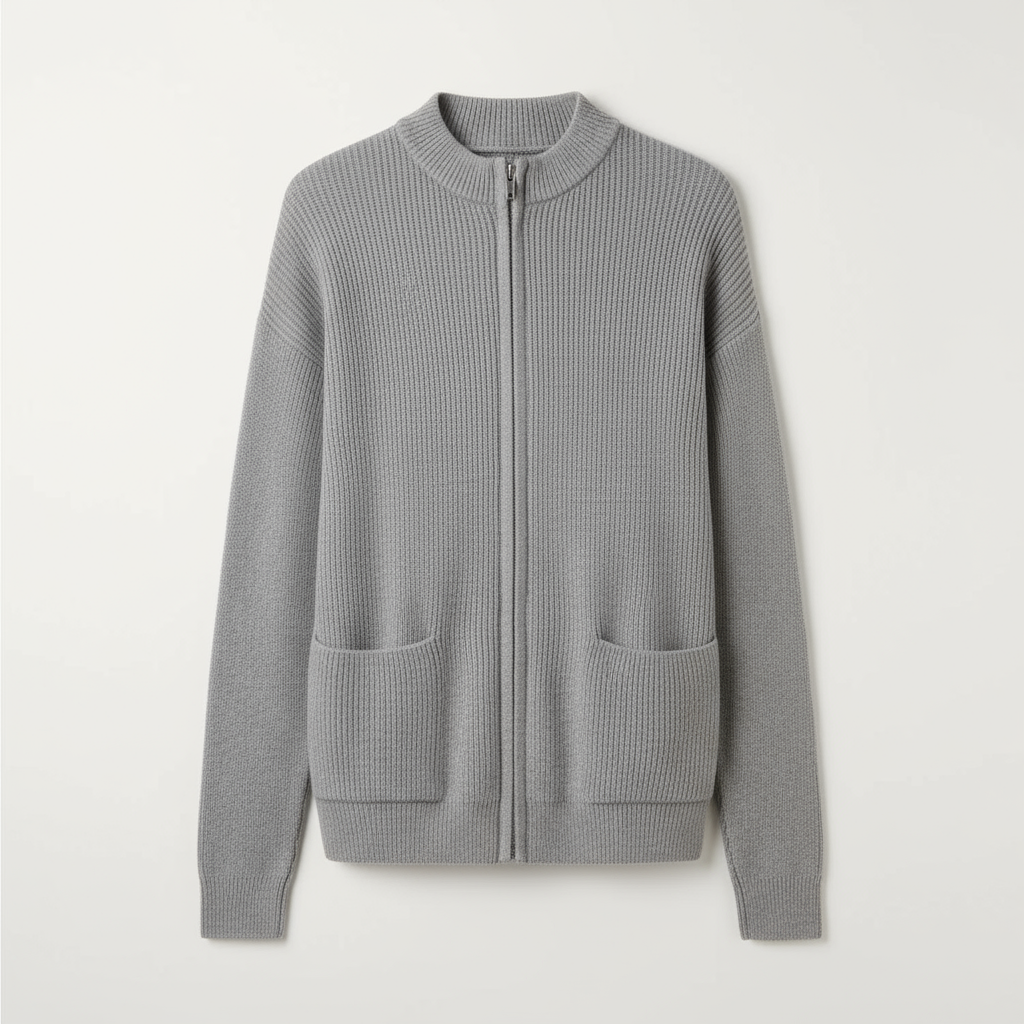 Cardigan de Punto Acanalado Largo con Cierre y Bolsillos para Mujer
