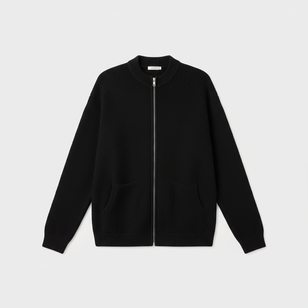 Cardigan de Punto Acanalado Largo con Cierre y Bolsillos para Mujer