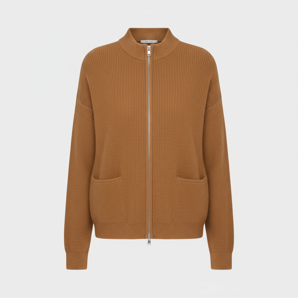 Cardigan de Punto Acanalado Largo con Cierre y Bolsillos para Mujer
