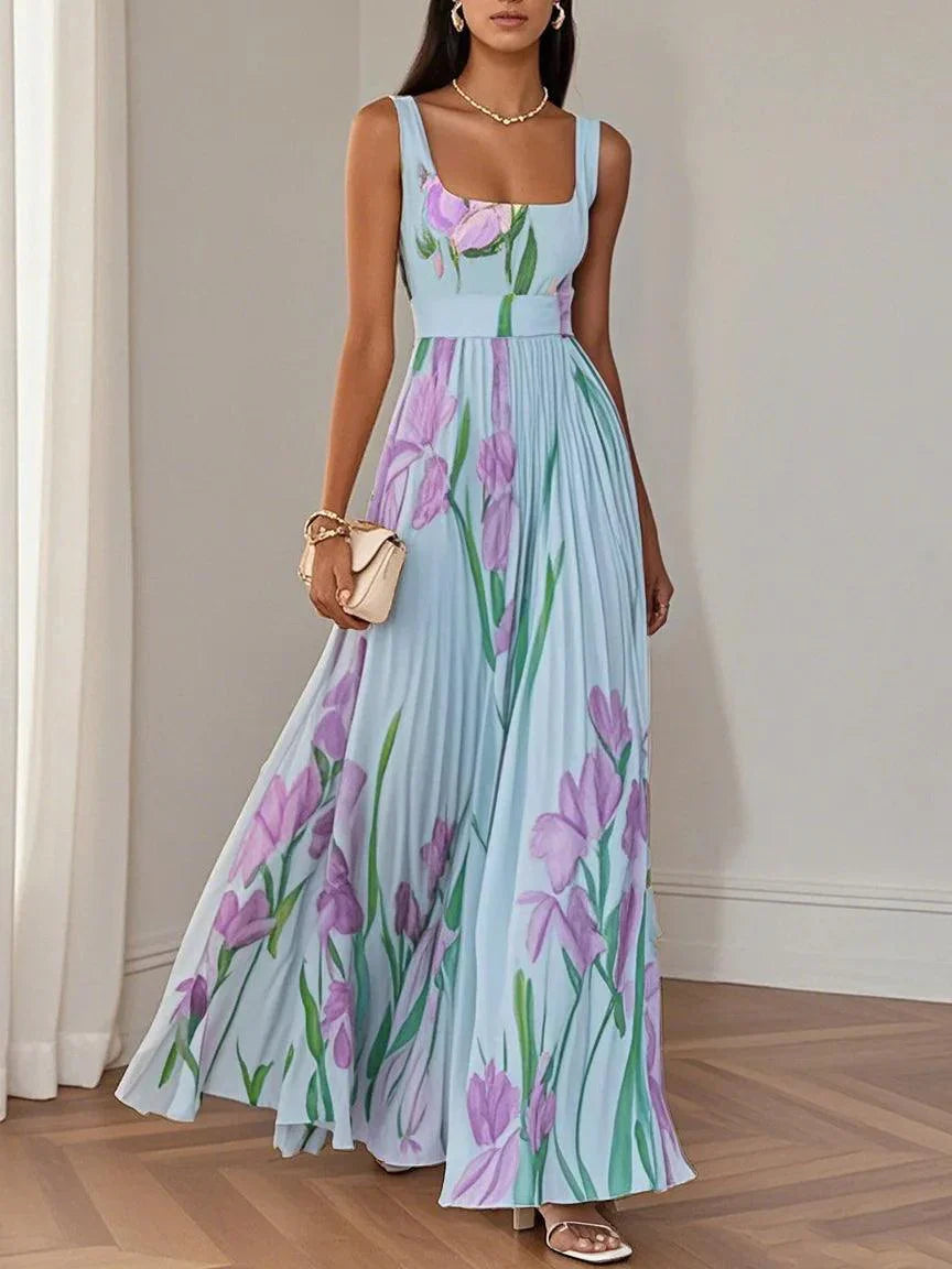 Vestido Maxi Plisado con Escote Cuadrado para Mujer | Ideal para el Verano