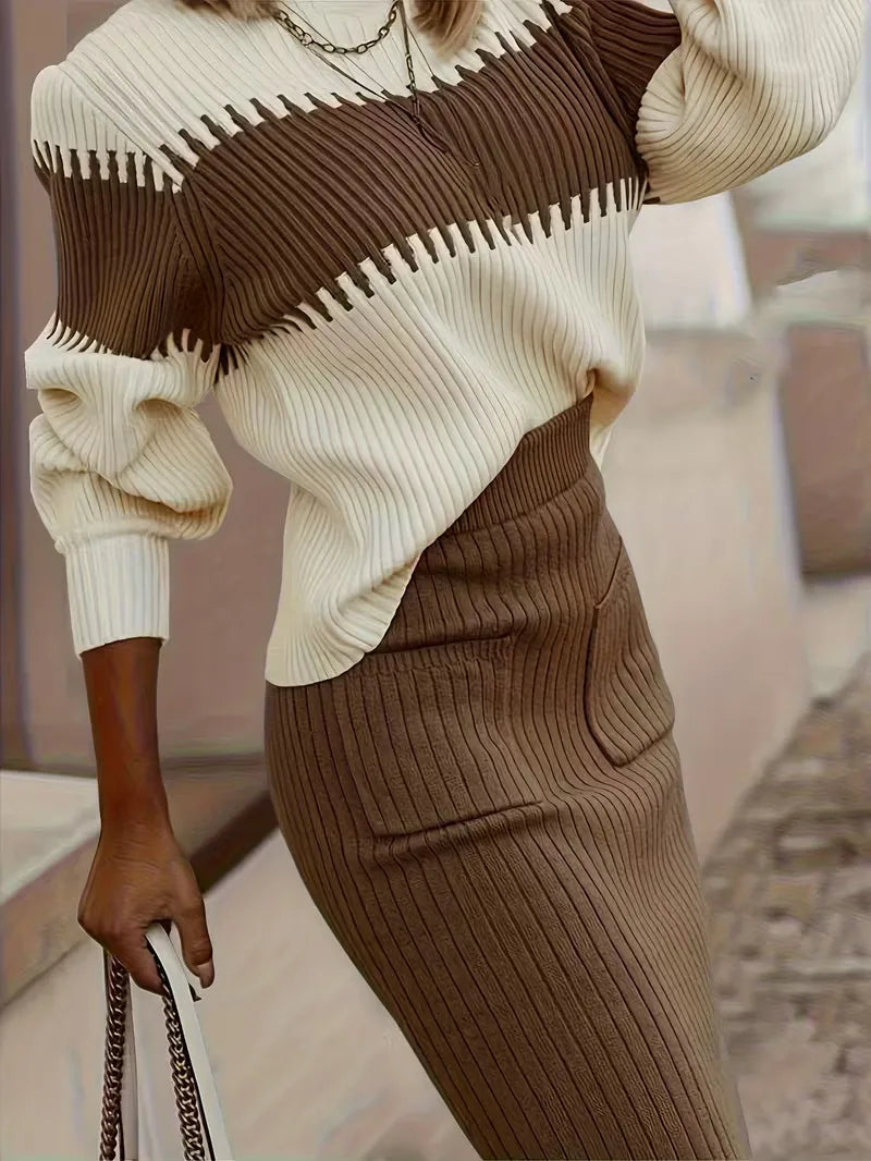 Falda Midi de Cintura Alta y Suéter Oversized de Punto Acanalado para Mujer
