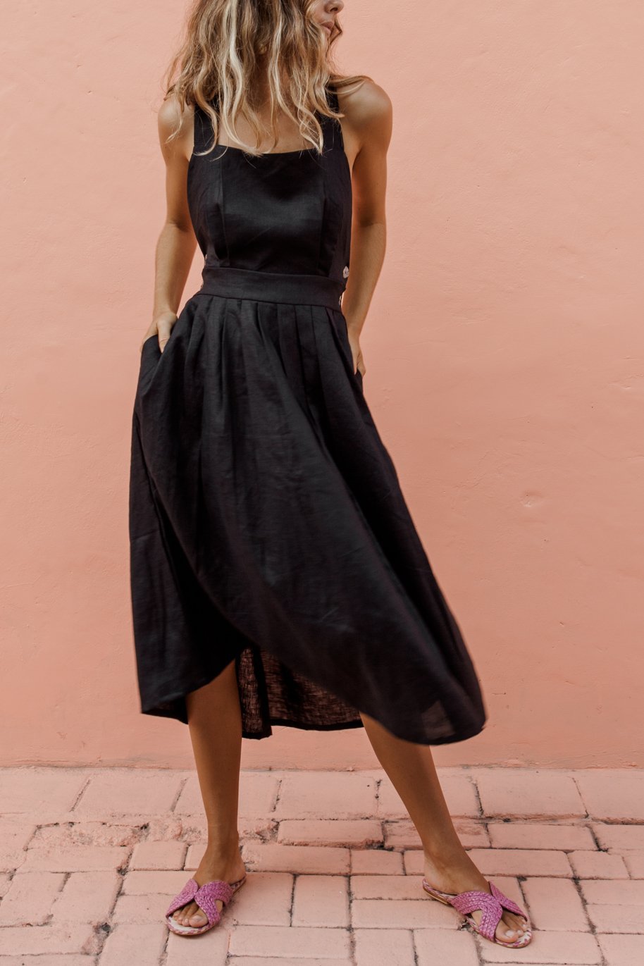 Midi Dress with Back Strap Button Detail for Women