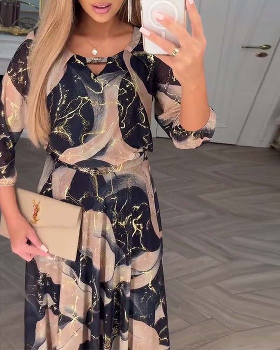 Vestido Largo con Estampado 3D y Mangas de Farol para Mujer