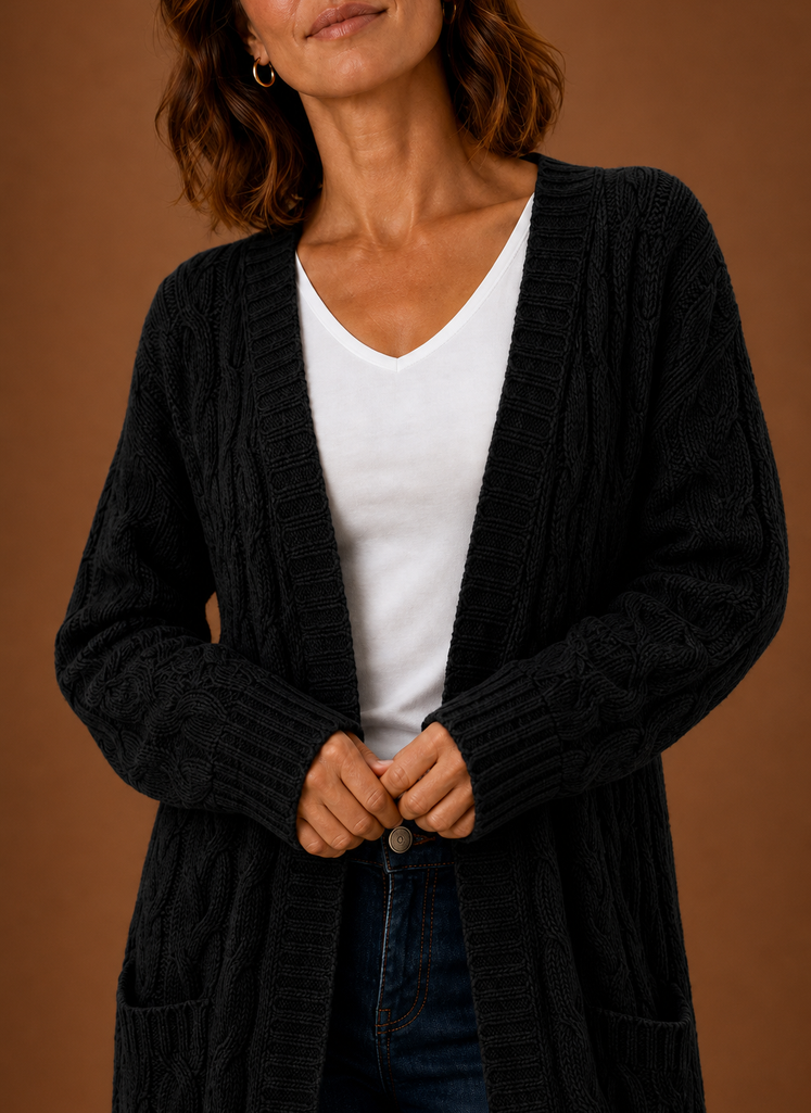 Long Chunky Cable Knit Cardigan with Pockets for Women