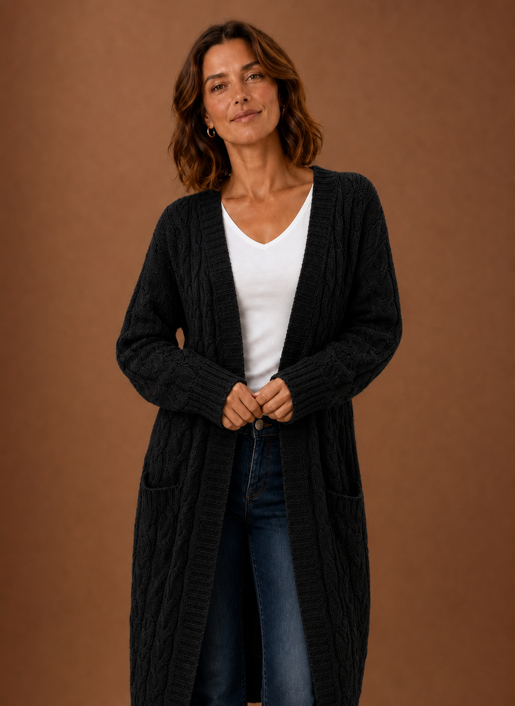 Long Chunky Cable Knit Cardigan with Pockets for Women