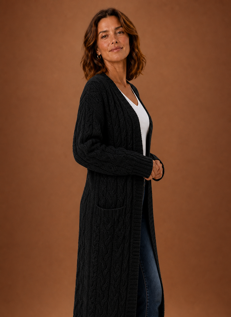 Long Chunky Cable Knit Cardigan with Pockets for Women
