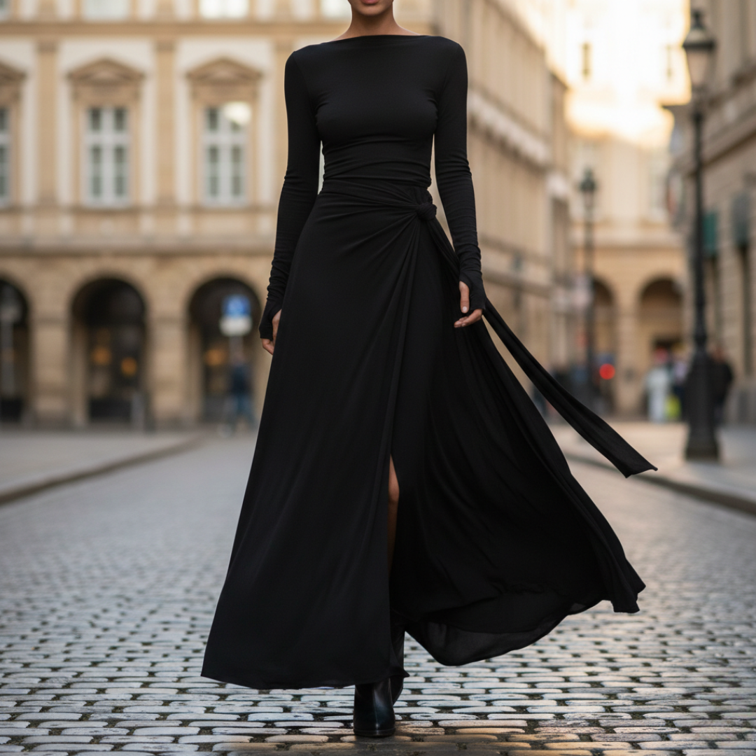 Vestido Maxi Fluido de Manga Larga con Cintura Ajustable para Mujer