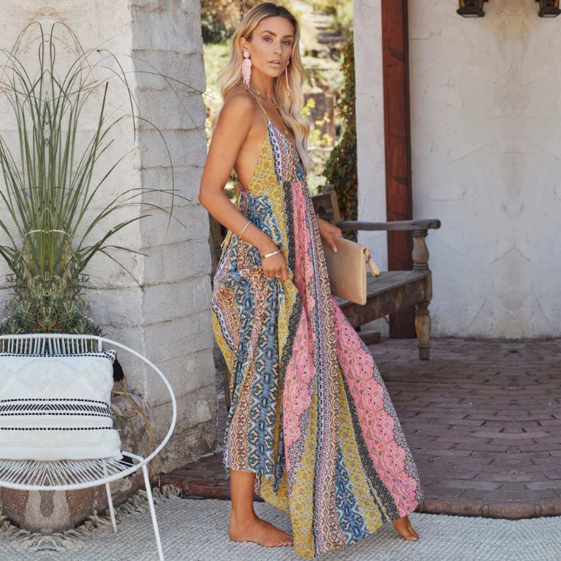 Vestido Maxi Estampado Boho con Escote Pronunciado en V para Mujeres