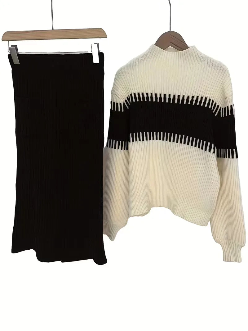 Falda Midi de Cintura Alta y Suéter Oversized de Punto Acanalado para Mujer