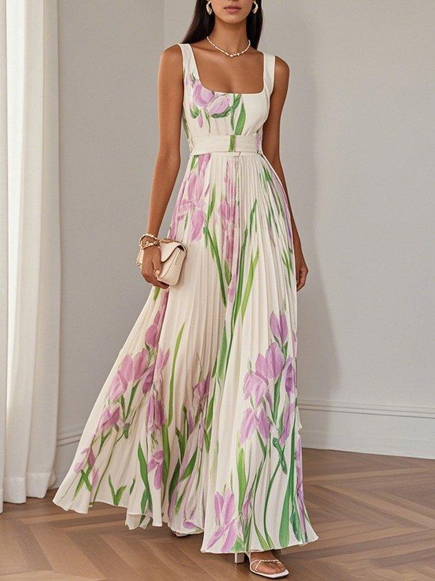 Vestido Maxi Plisado con Escote Cuadrado para Mujer | Ideal para el Verano