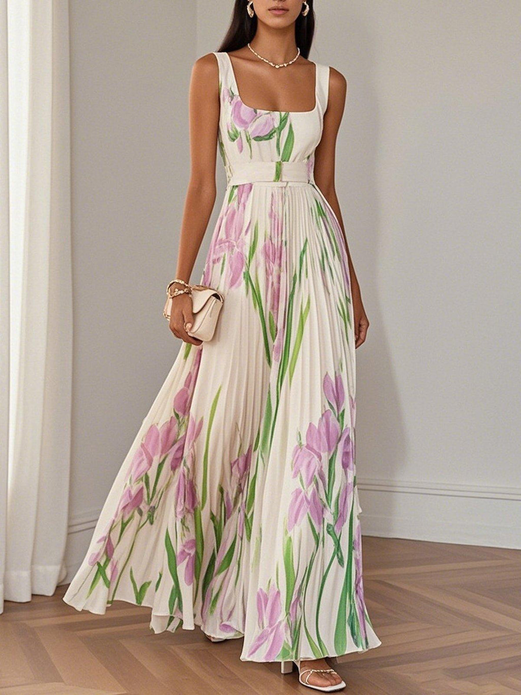 Vestido Maxi Plisado con Escote Cuadrado para Mujer | Ideal para el Verano