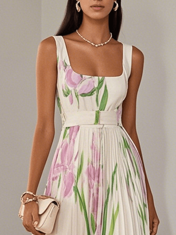 Vestido Maxi Plisado con Escote Cuadrado para Mujer | Ideal para el Verano