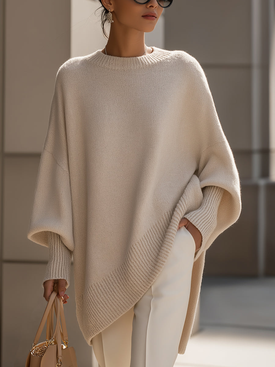 Oversized Long Sleeve Pullover Sweater with Ribbed Crew Neck for Women