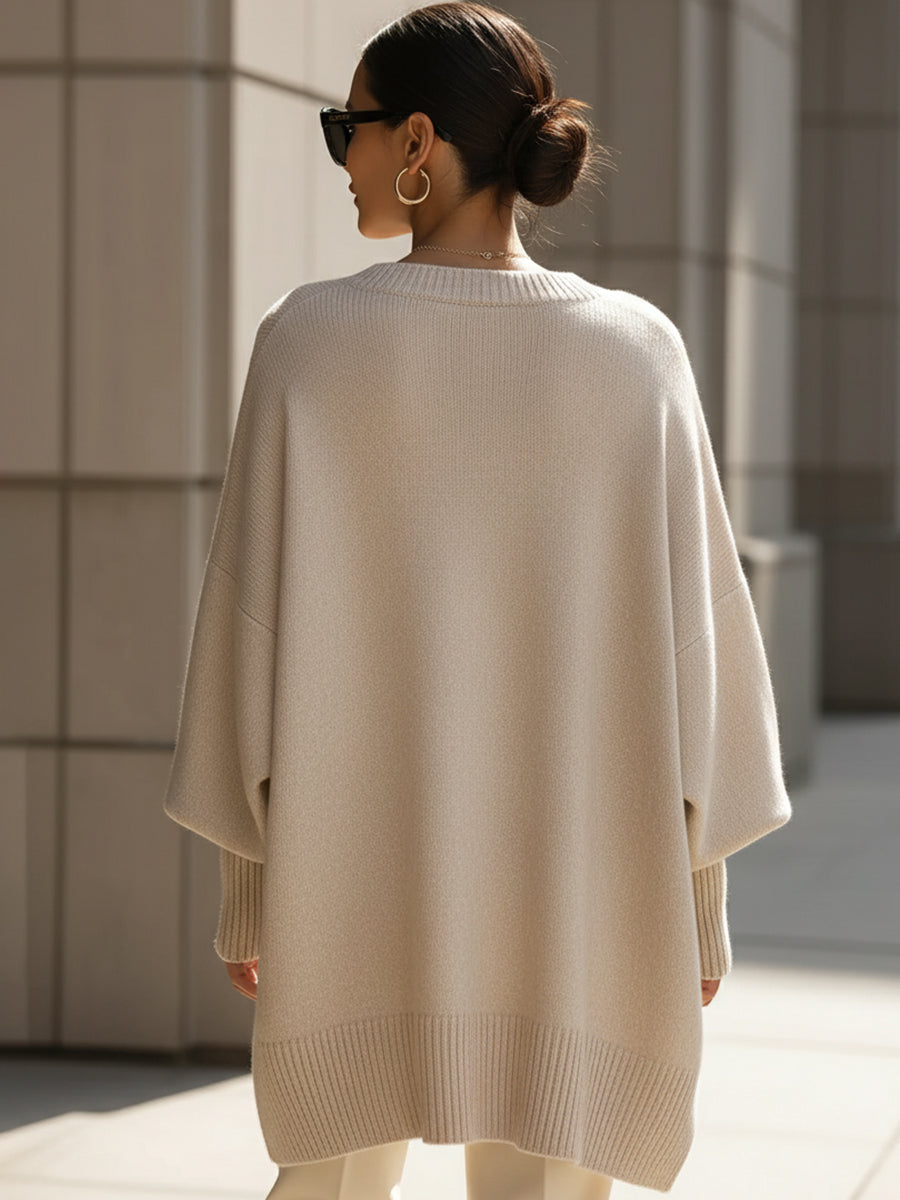Oversized Long Sleeve Pullover Sweater with Ribbed Crew Neck for Women