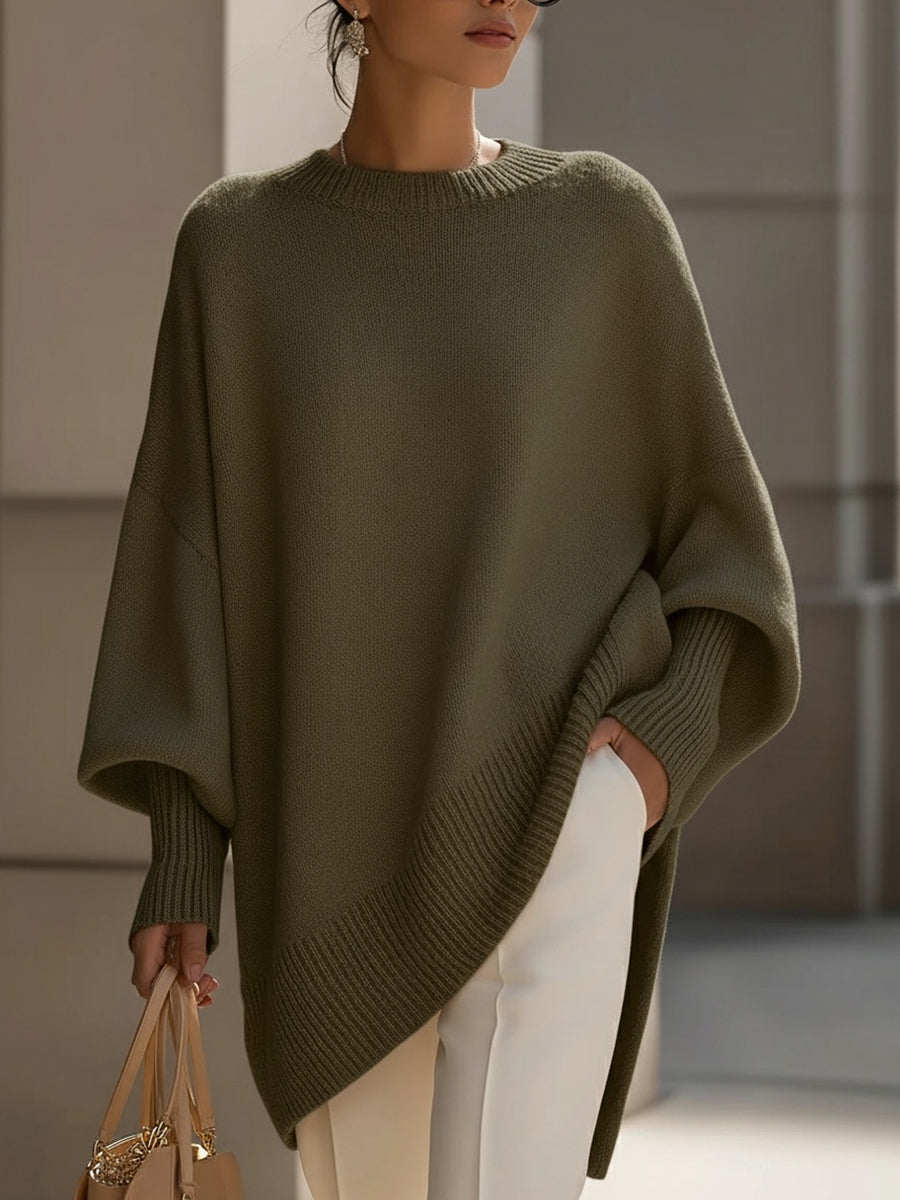 Oversized Long Sleeve Pullover Sweater with Ribbed Crew Neck for Women