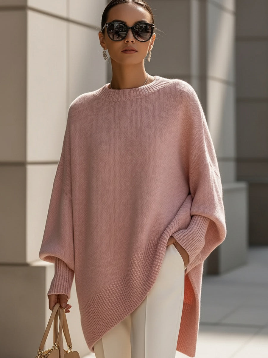 Oversized Long Sleeve Pullover Sweater with Ribbed Crew Neck for Women