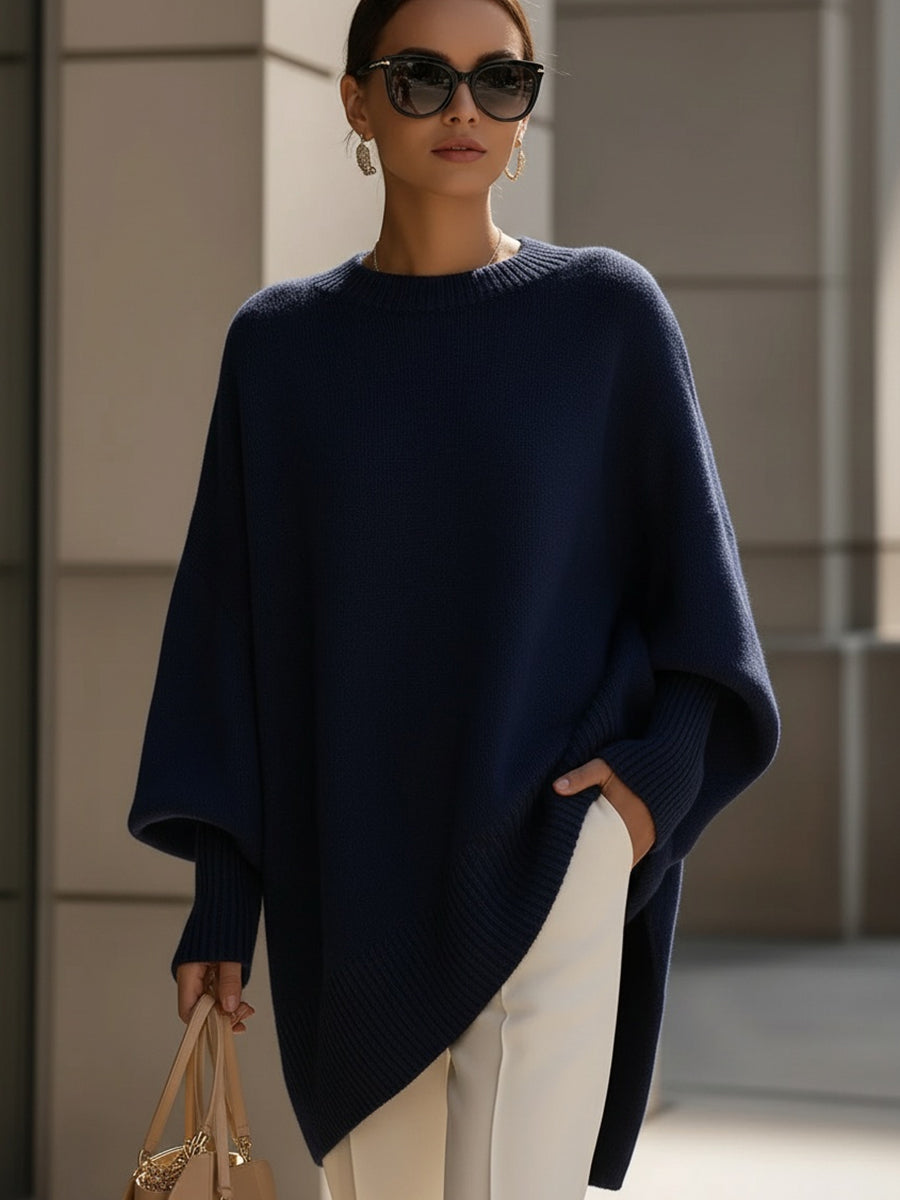 Oversized Long Sleeve Pullover Sweater with Ribbed Crew Neck for Women