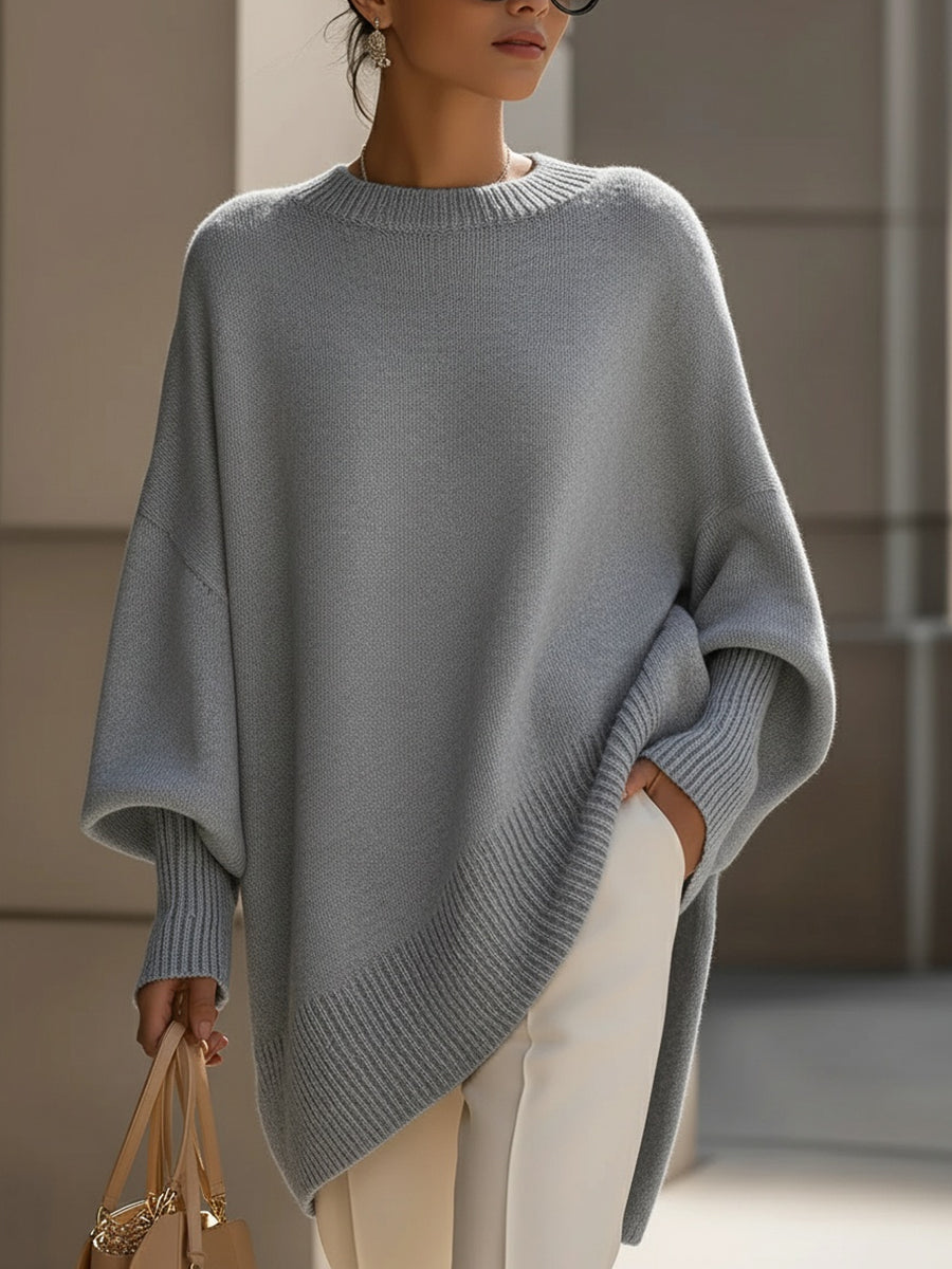 Oversized Long Sleeve Pullover Sweater with Ribbed Crew Neck for Women