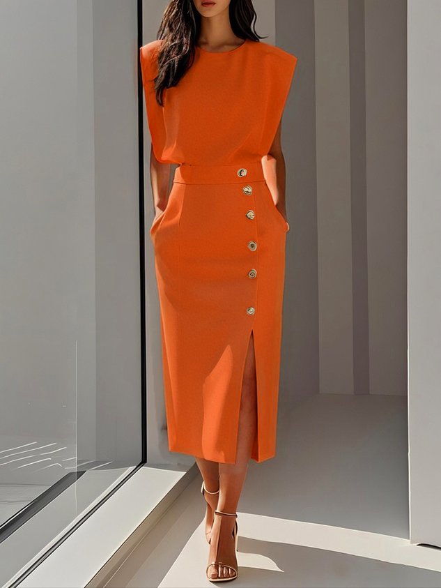 Vestido Midi con Cuello Redondo y Botones para Mujer | Ideal para el Verano