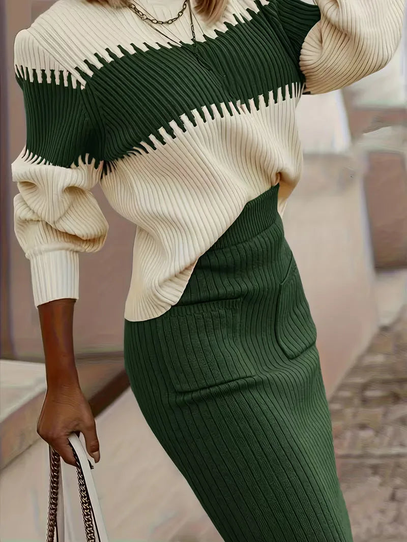 Falda Midi de Cintura Alta y Suéter Oversized de Punto Acanalado para Mujer