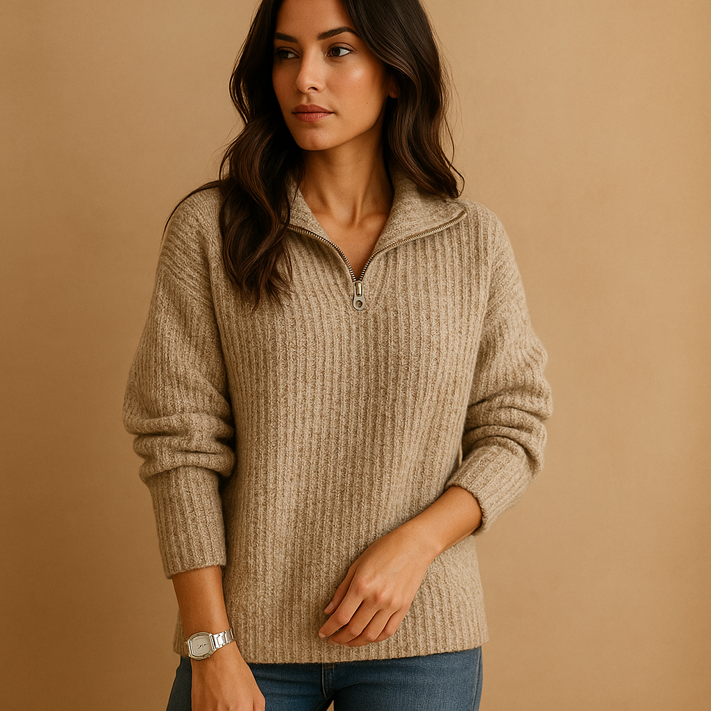 Quarter Zip Cotton Blend Sweater with Fold Over Collar for Women